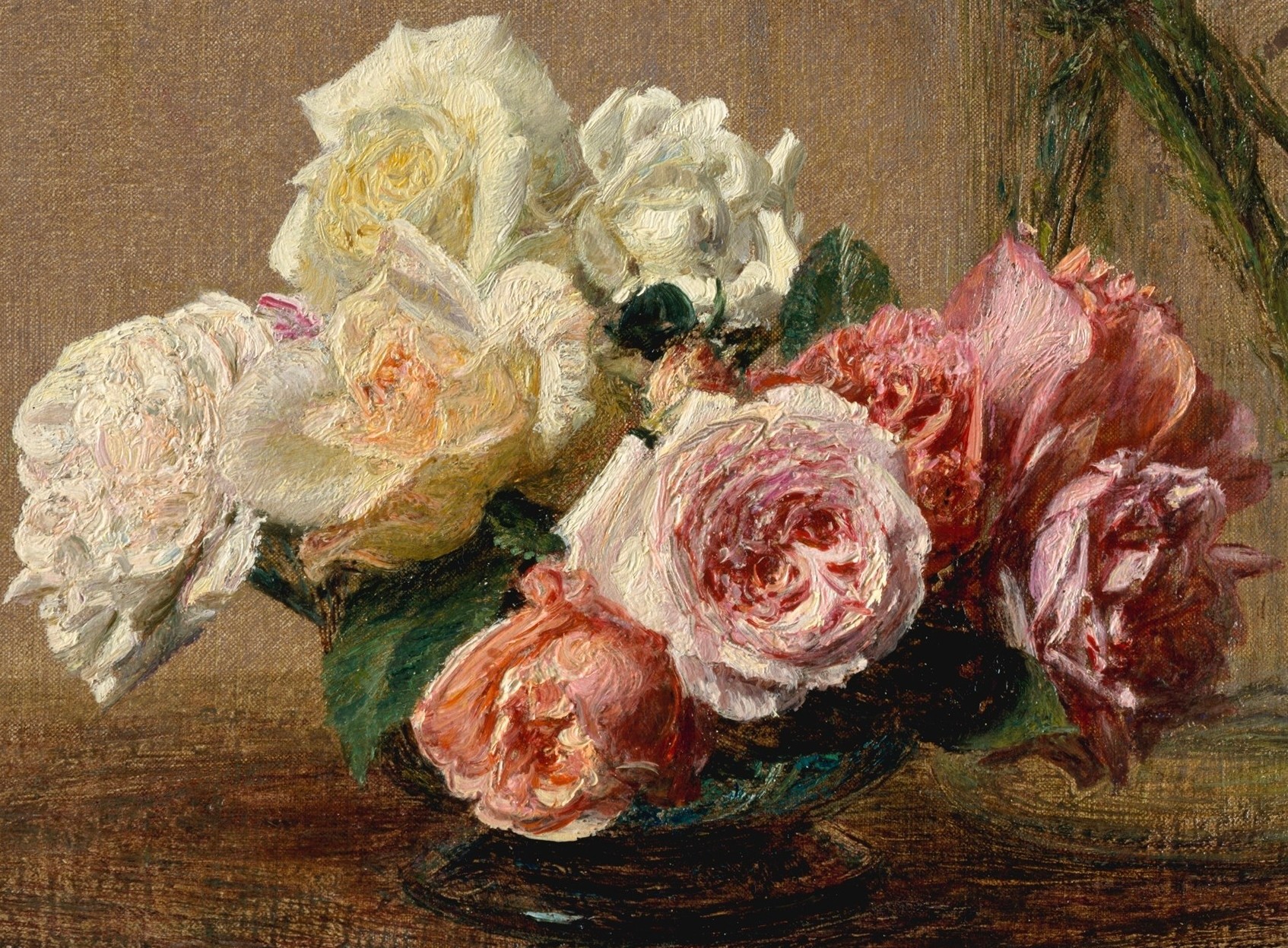 Detail of pink and white roses in a bowl, from Henri Fantin-Latour’s Roses and Lilies
