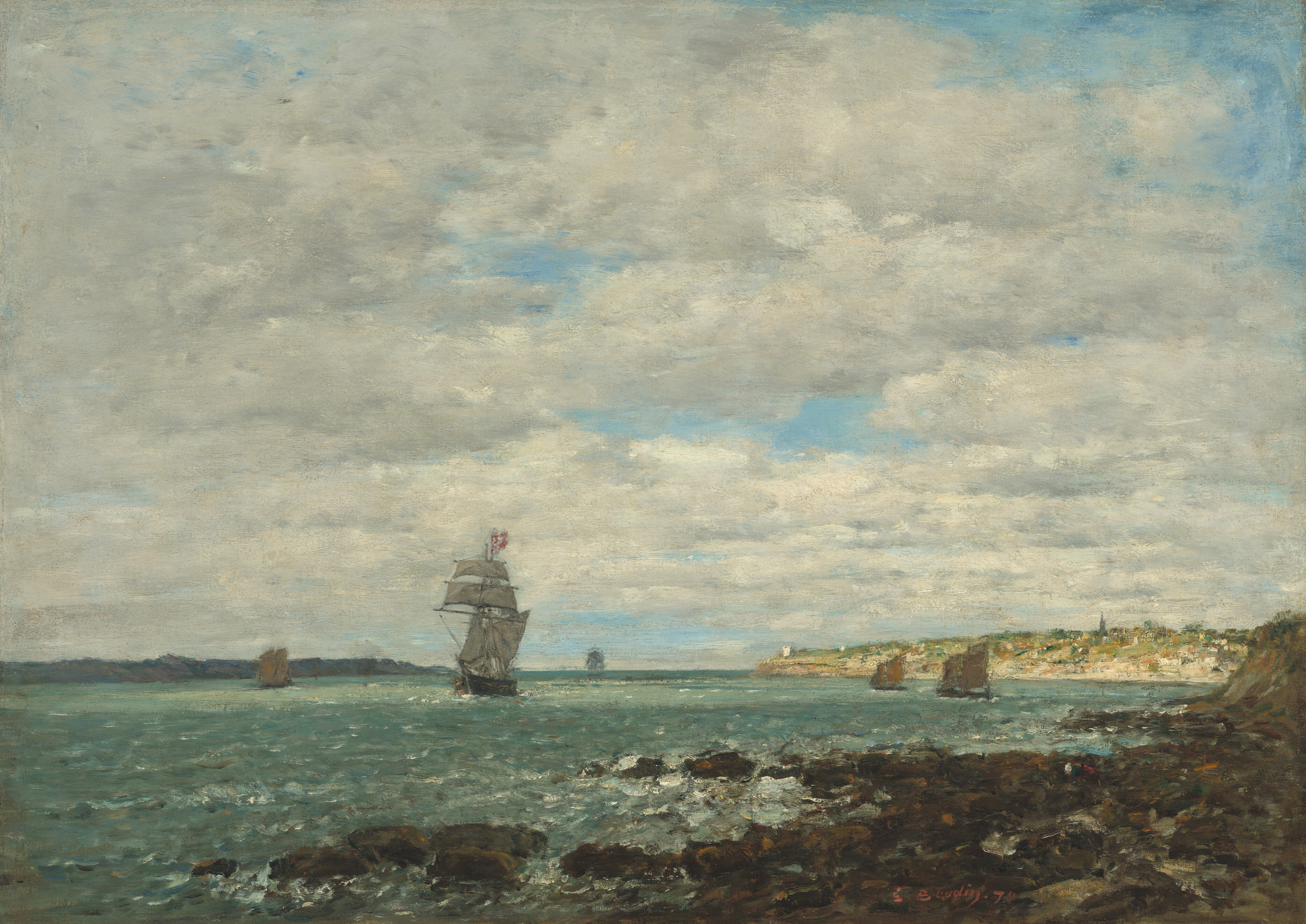 Eugène Boudin, Coast of Brittany: a sailing ship under full sail entering a bay beneath a wide cloudy sky, with a town on the headland.