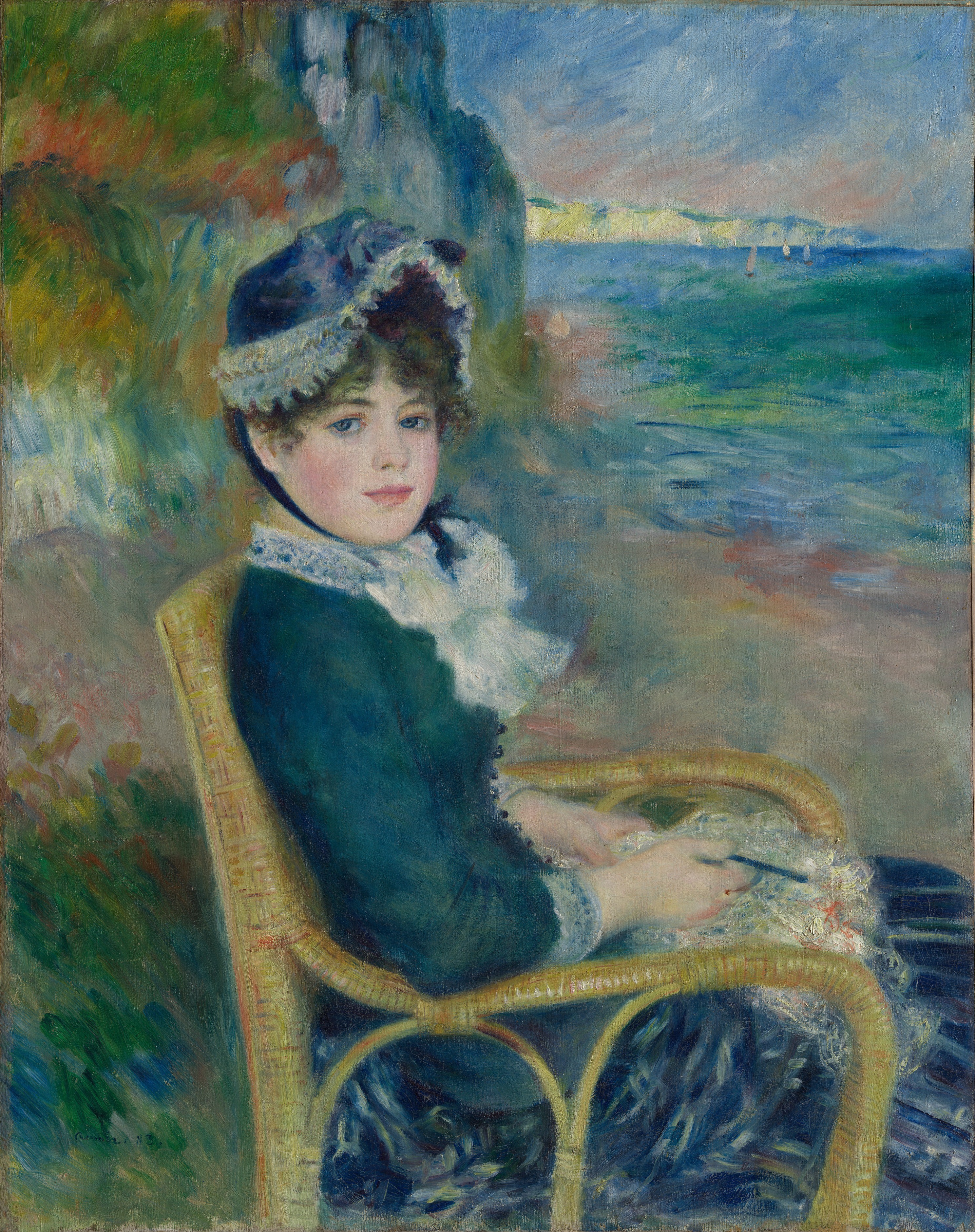 Auguste Renoir, By the Seashore: a young woman in a wicker chair, the sea and cliffs behind her.