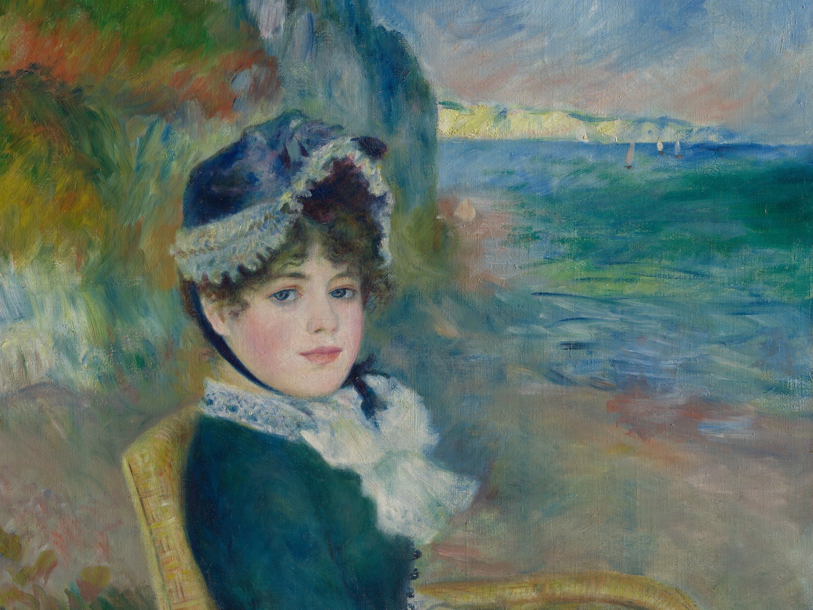 Auguste Renoir, By the Seashore: a young woman in a wicker chair, the sea and cliffs behind her.
