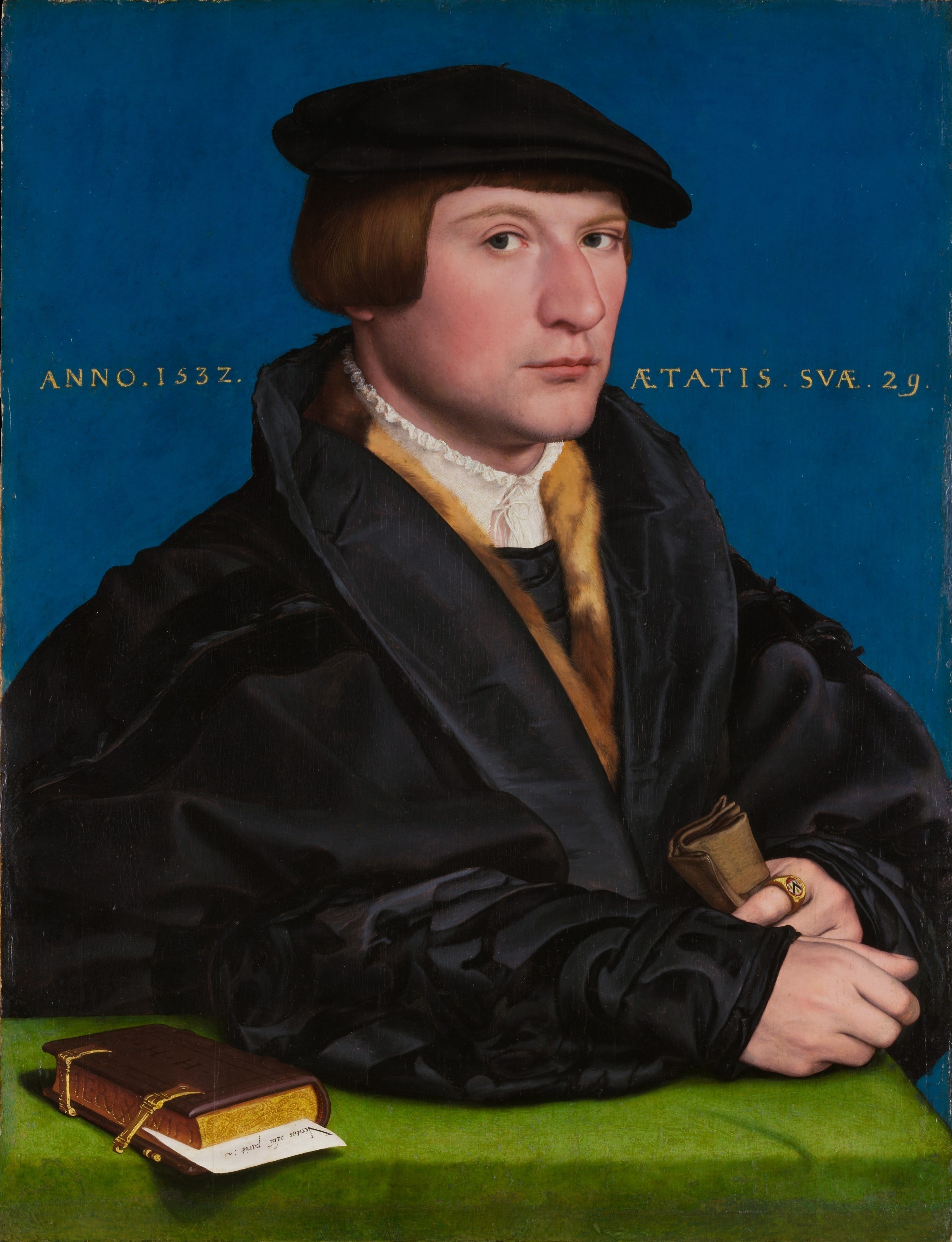 Hans Holbein the Younger, portrait of Hermann von Wedigh III in a black cap against a blue ground, a book on the table before him