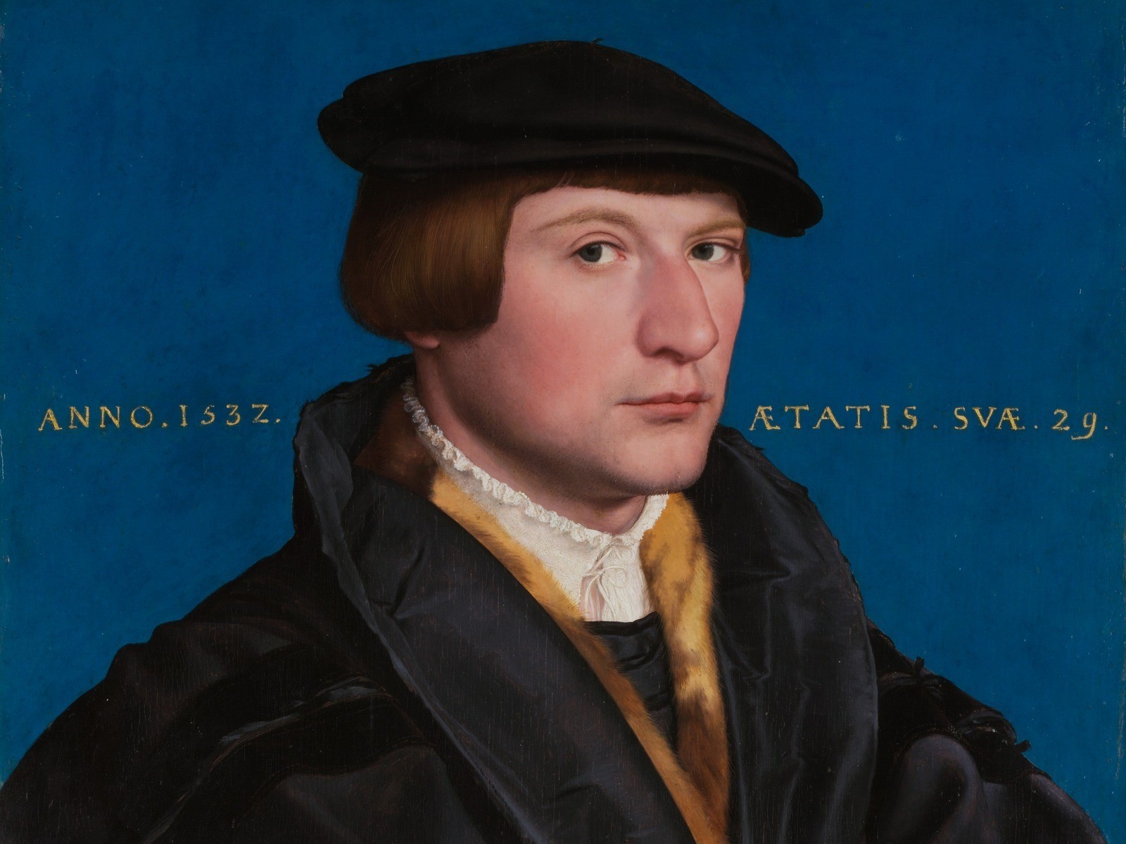 Hans Holbein the Younger, portrait of Hermann von Wedigh III in a black cap against a blue ground, a book on the table before him