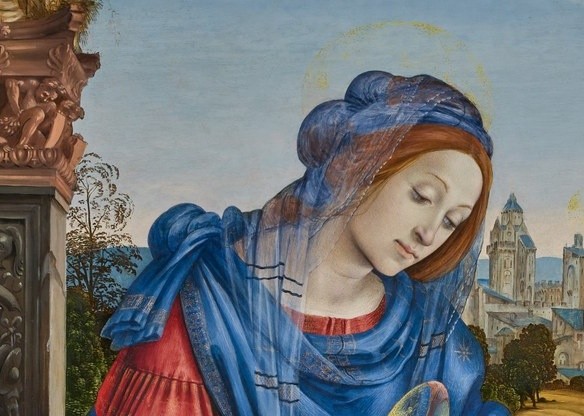 Detail of the Virgin’s face beneath a transparent veil, from Filippino Lippi’s Holy Family tondo