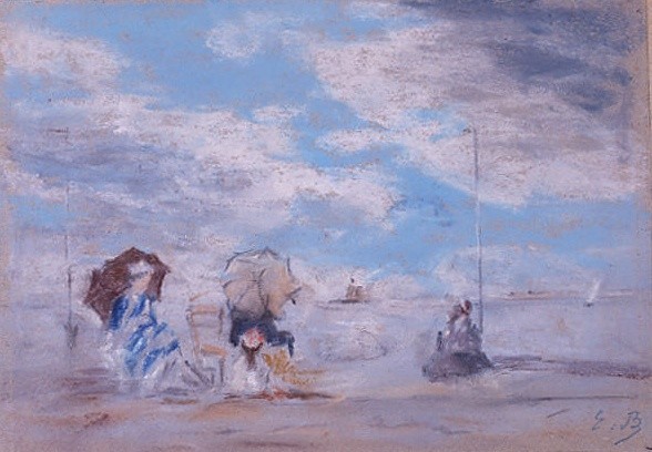 Eugène Boudin, Beach Scene: figures with parasols on a Normandy beach under a wide sky, in pastel.